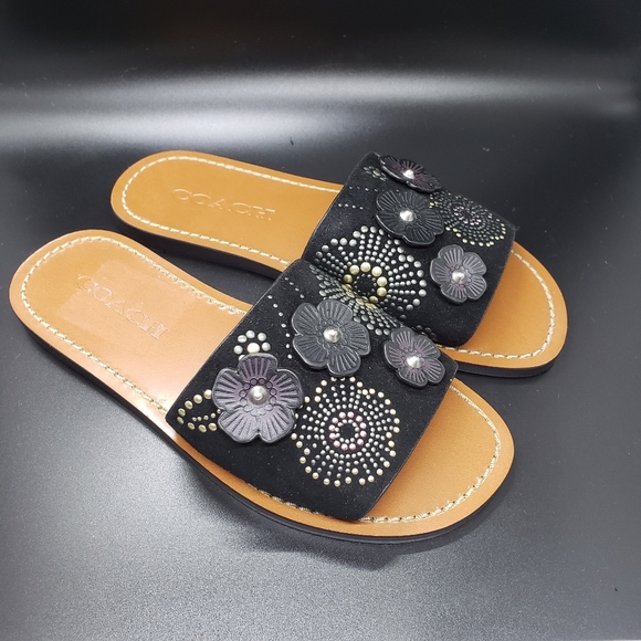 Coach size 5 black Rivet Tea Rose slide sandal - Picture 2 of 10